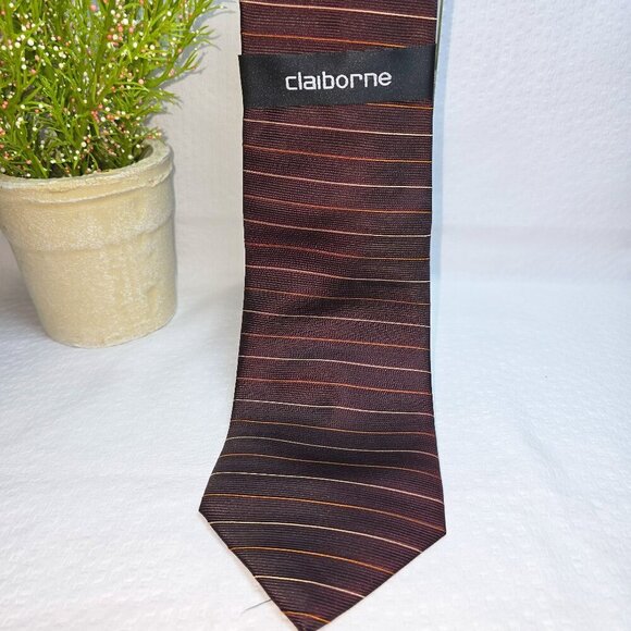 VINTAGE CLAIBORNE 100% SILK TIE STRIPED BROWN, GOLD, RUST, TEXTURED EUC - Picture 1 of 4